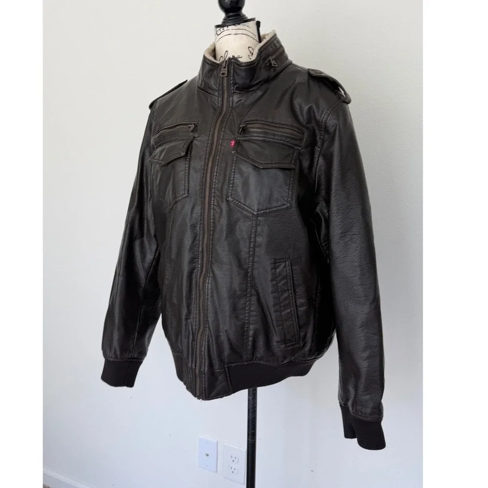 Levis Mens Faux Leather Sherpa Lined Bomber Jacket‎ Dark Brown Military Large